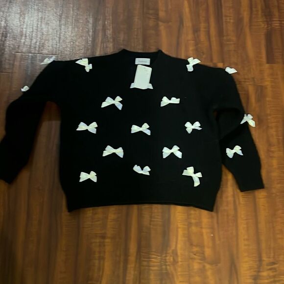 Thick Cotton Sweatshirt - White Bows, Black Sweater BRAND NEW with Tags - Picture 1 of 6